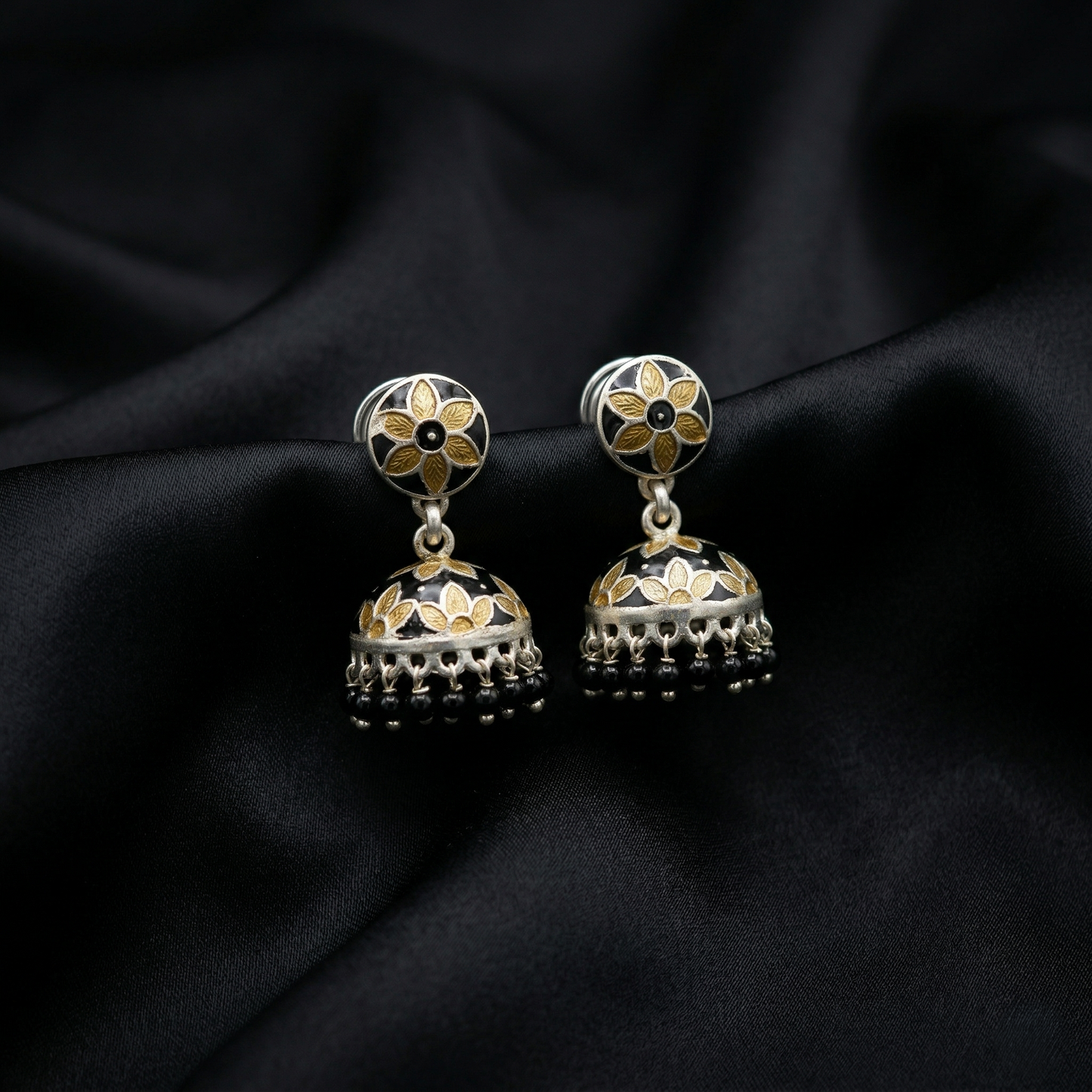 Floral Elegance Silver Enamel Jhumka Earrings