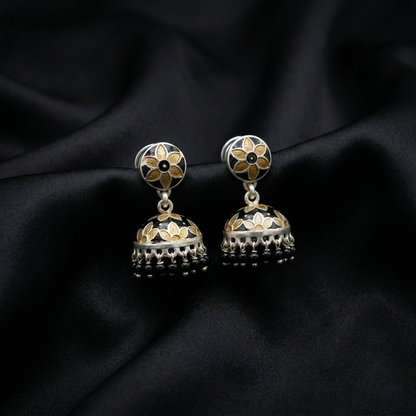Floral Elegance Silver Enamel Jhumka Earrings