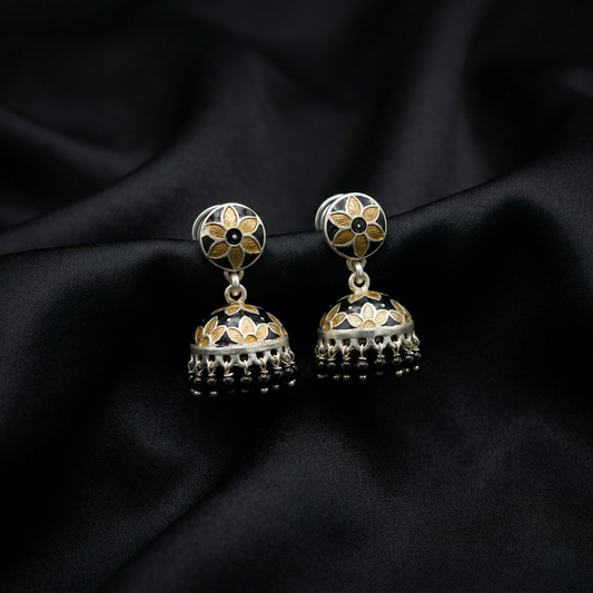 Floral Elegance Silver Enamel Jhumka Earrings