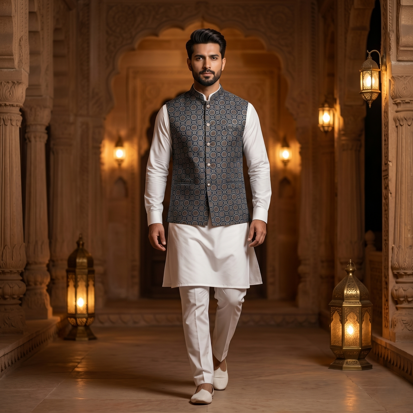 Royal Indigo Heritage Ajrakh Silk Waistcoat