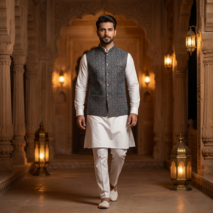 Royal Indigo Heritage Ajrakh Silk Waistcoat