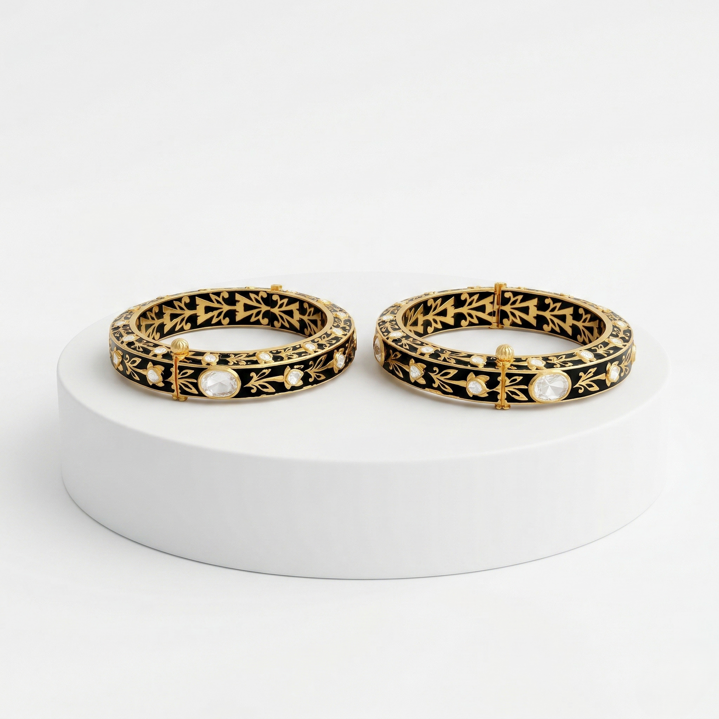 Handcrafted Floral Black Enamel Silver Kada
