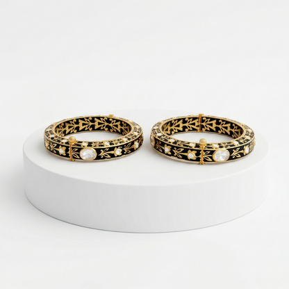 Handcrafted Floral Black Enamel Silver Kada
