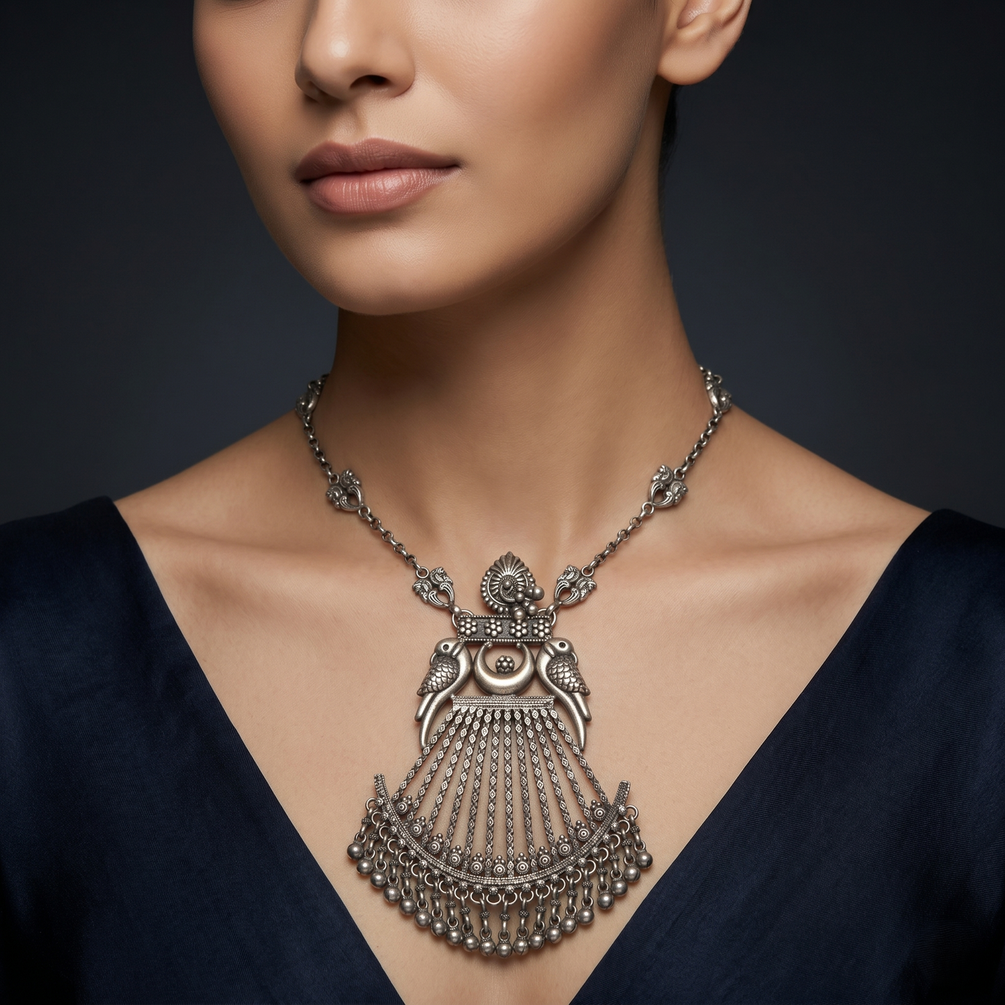 Antique Oxidized Silver Twin Bird Necklace