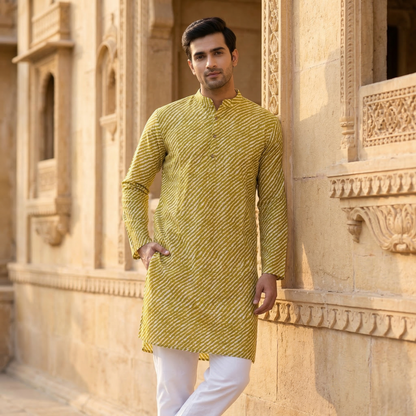 Mustard Leheriya Print Cotton Slim Kurta