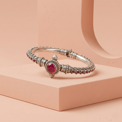 Handcrafted Silver Kada with Ruby Accents