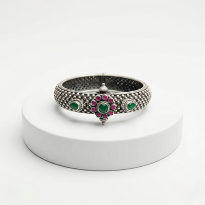 Handcrafted Floral Silver Kada with Gemstones