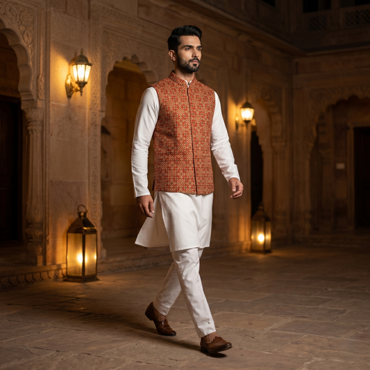 Heritage Ajrakh Print Silk Nehru Jacket