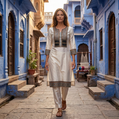 Ivory Silk Kurti with Tribal Embroidery