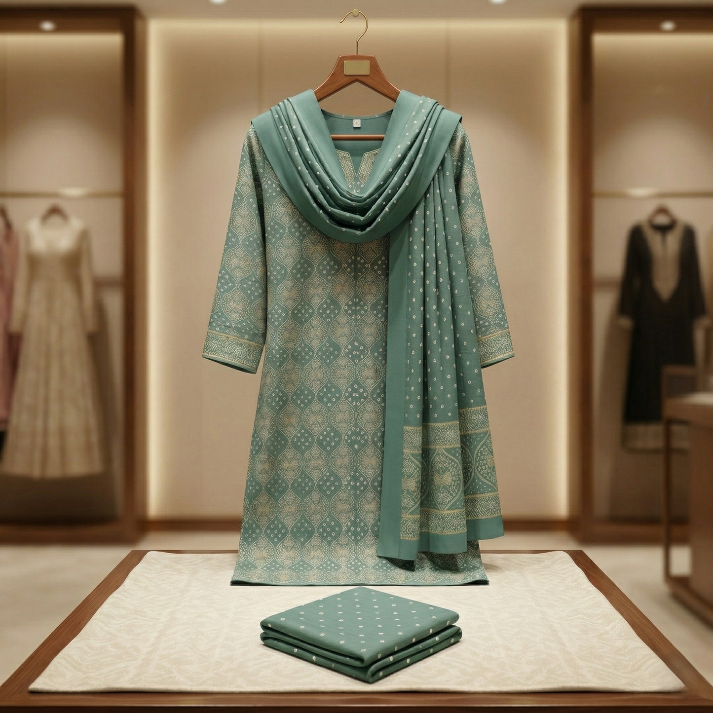 Sea Green Bandhani Print Unstitched Suit Set