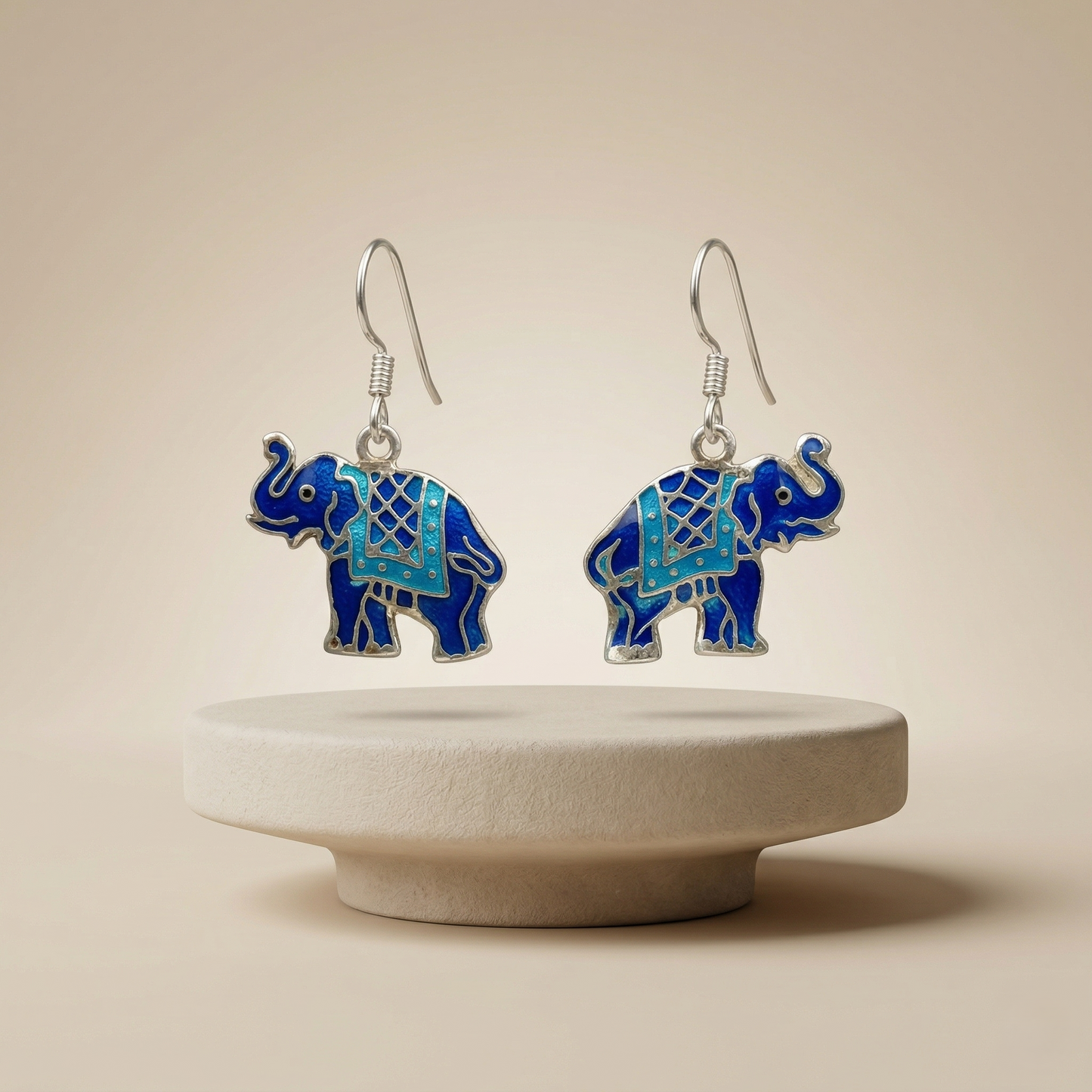 Royal Blue Meenakari Silver Elephant Drops