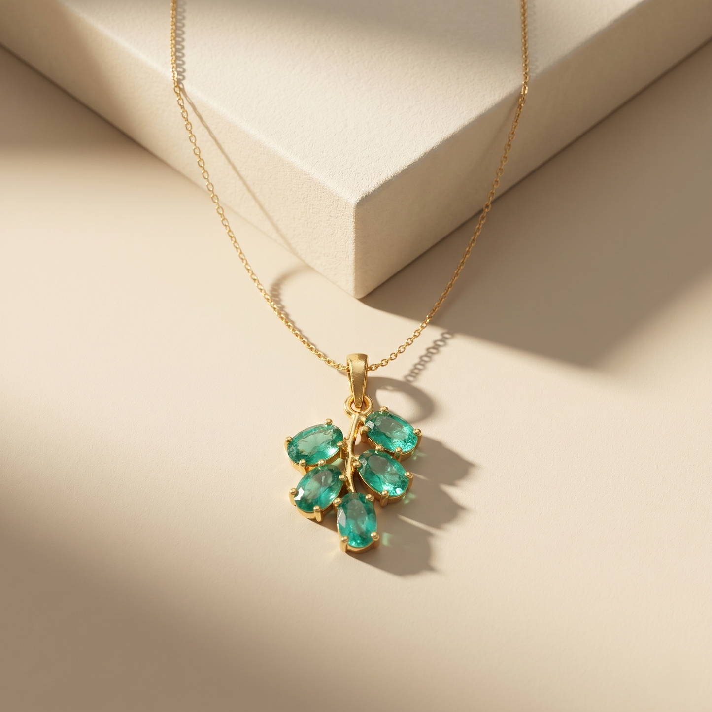 Handcrafted Silver Emerald Leaf Pendant Set