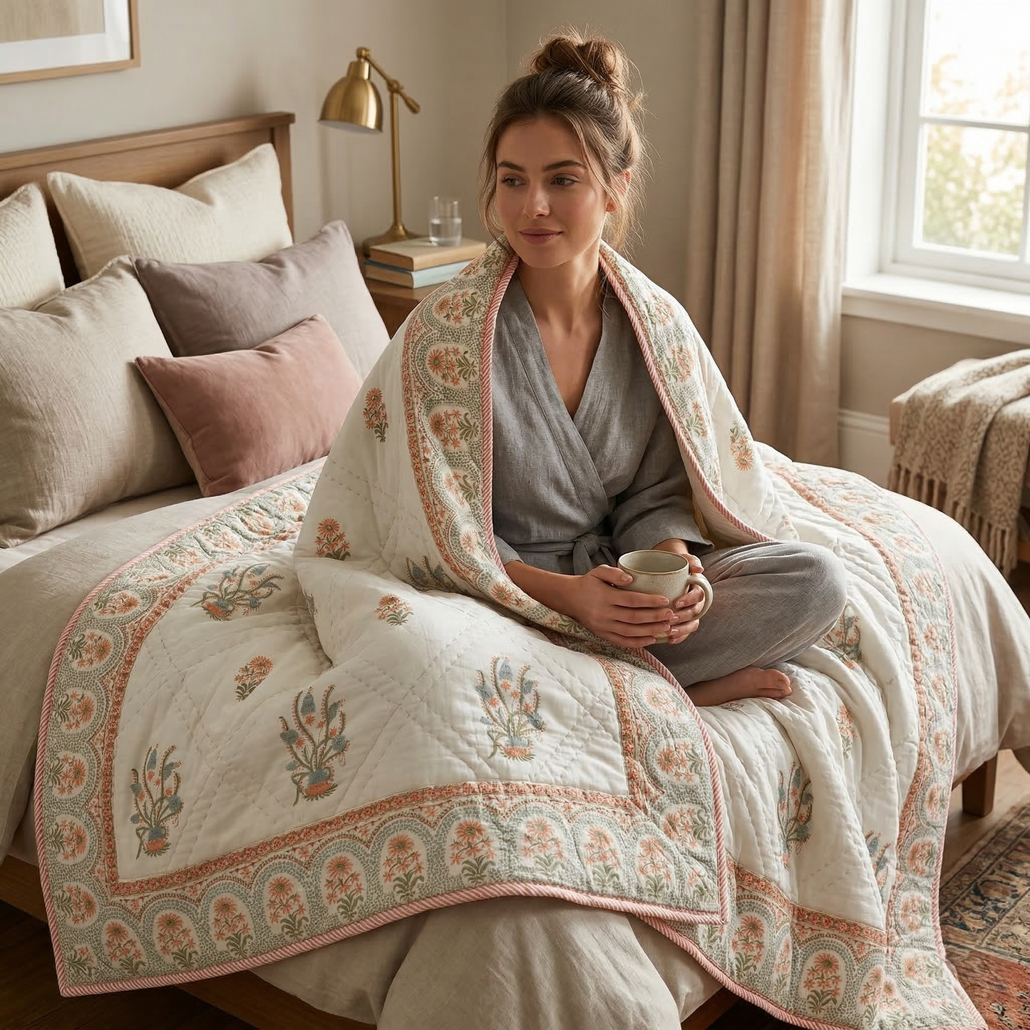 Hand Block Floral Cotton Coverlet Quilt