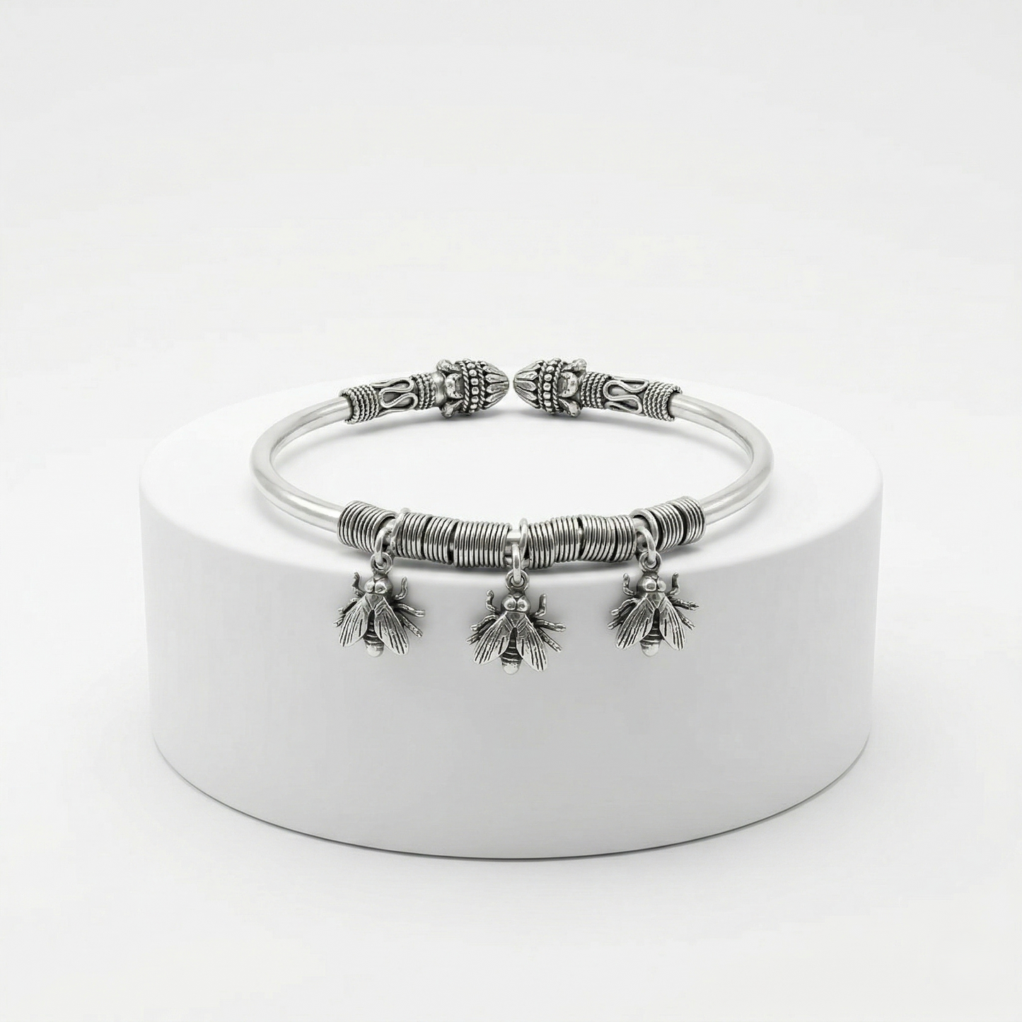 Sterling Silver Bee Charm Kada Bracelet