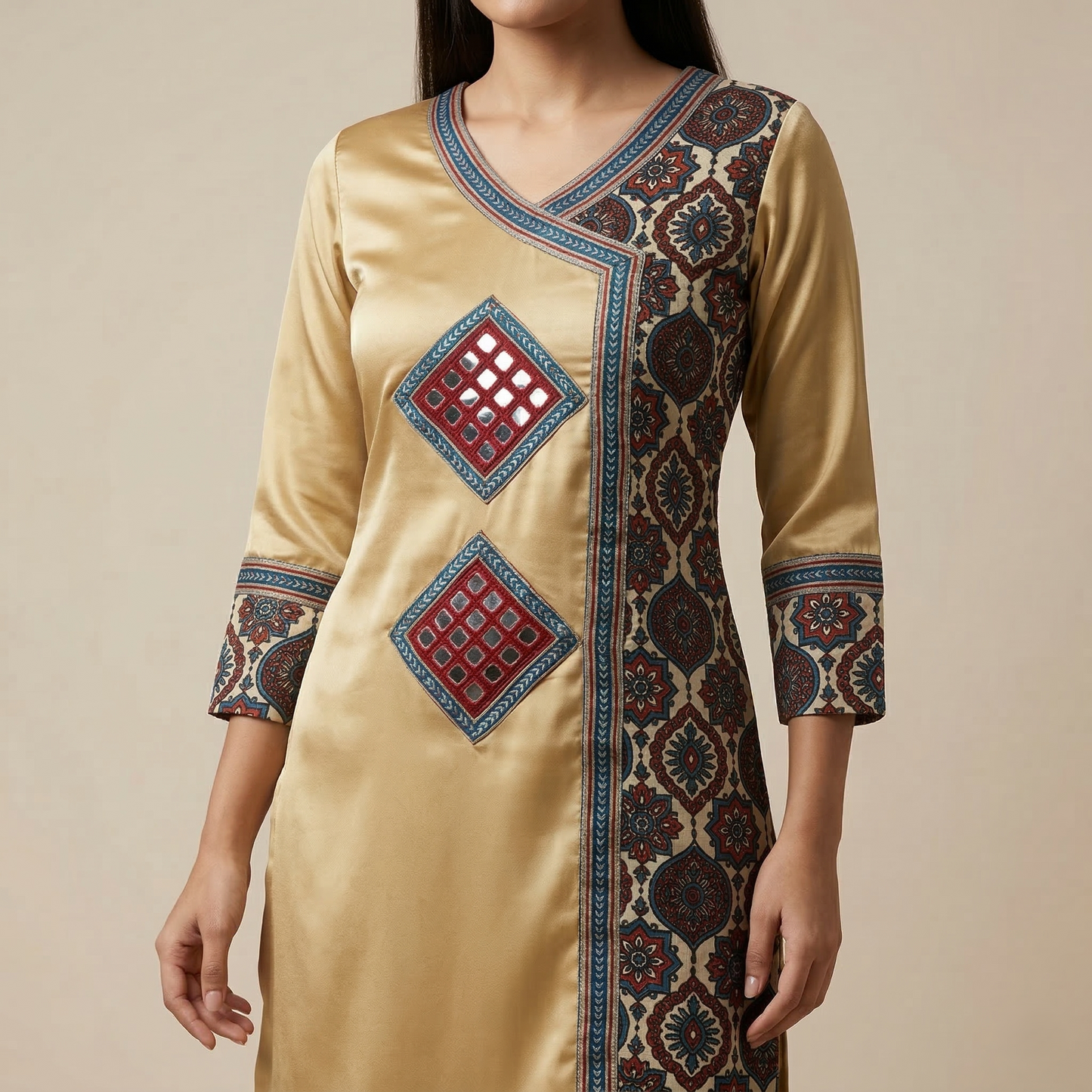 Gold Silk Kurti with Ajrakh Accents