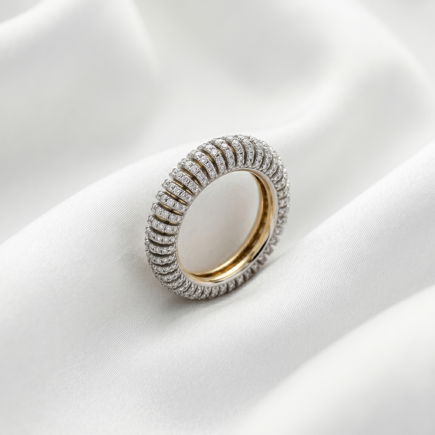 Handcrafted Ribbed Diamond Gold Eternity Ring