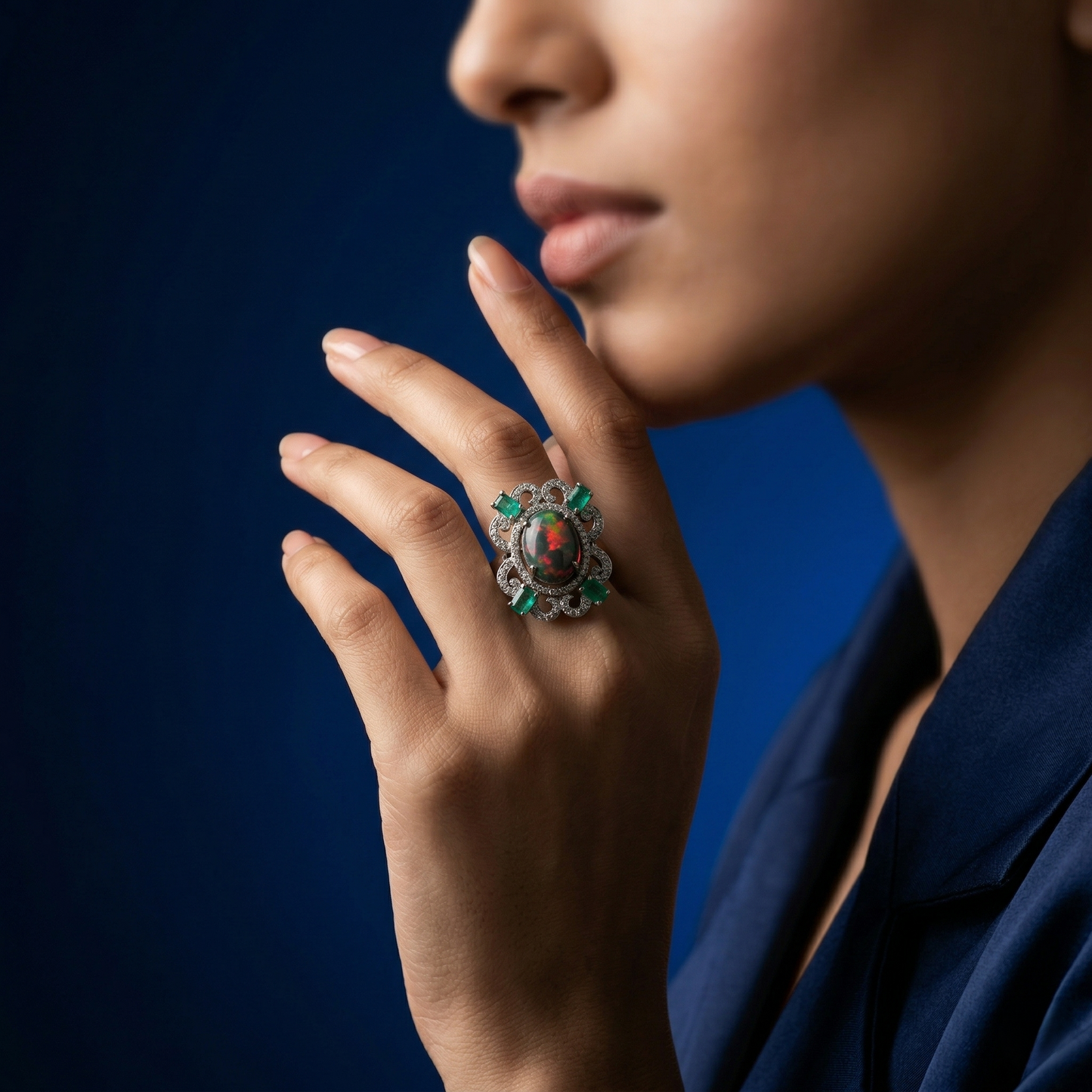 Vintage Floral Black Opal Silver Ring