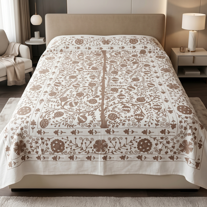 Heritage Embroidered Ivory Floral Cotton Bedcover