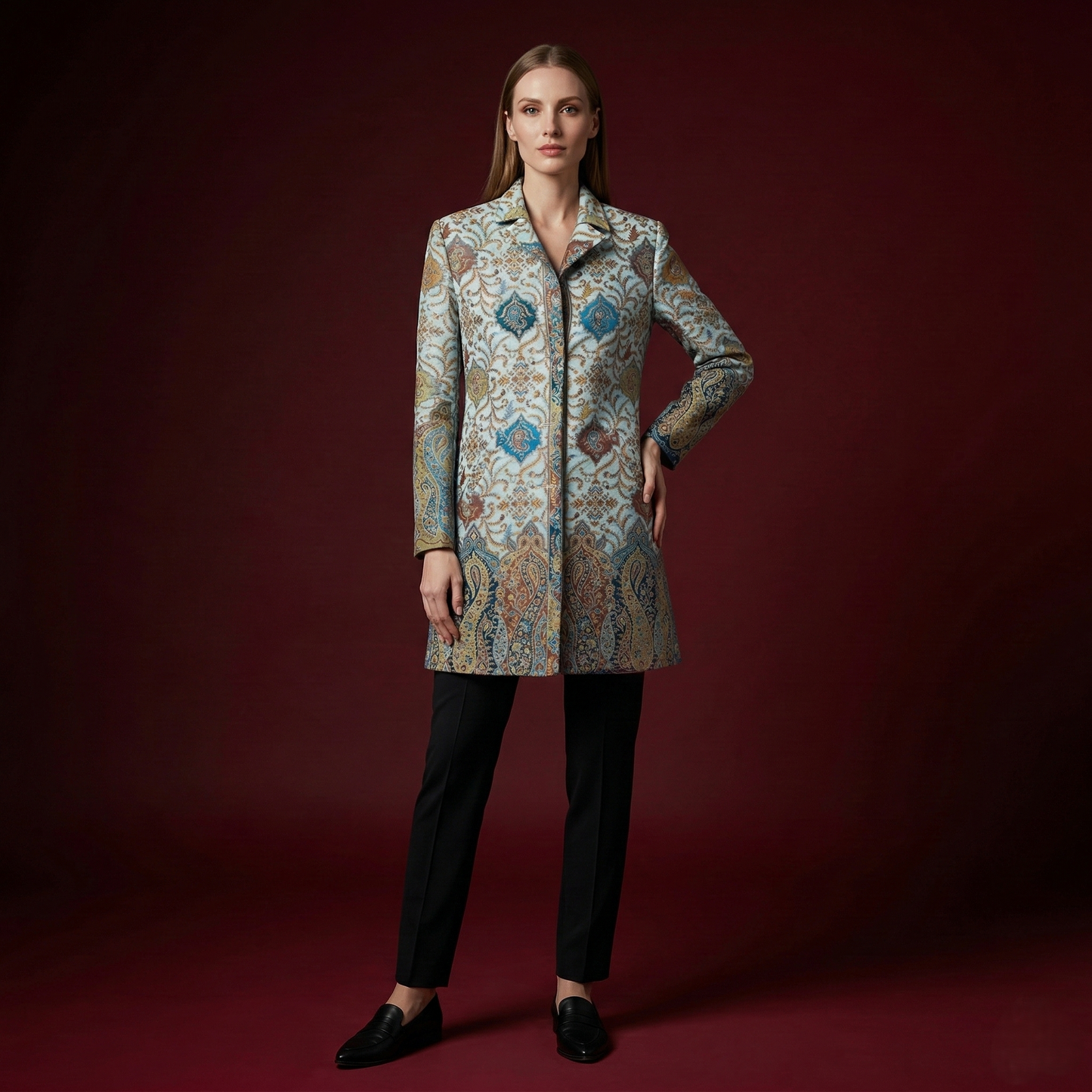 Intricate Paisley Patterned Mid-Length Coat