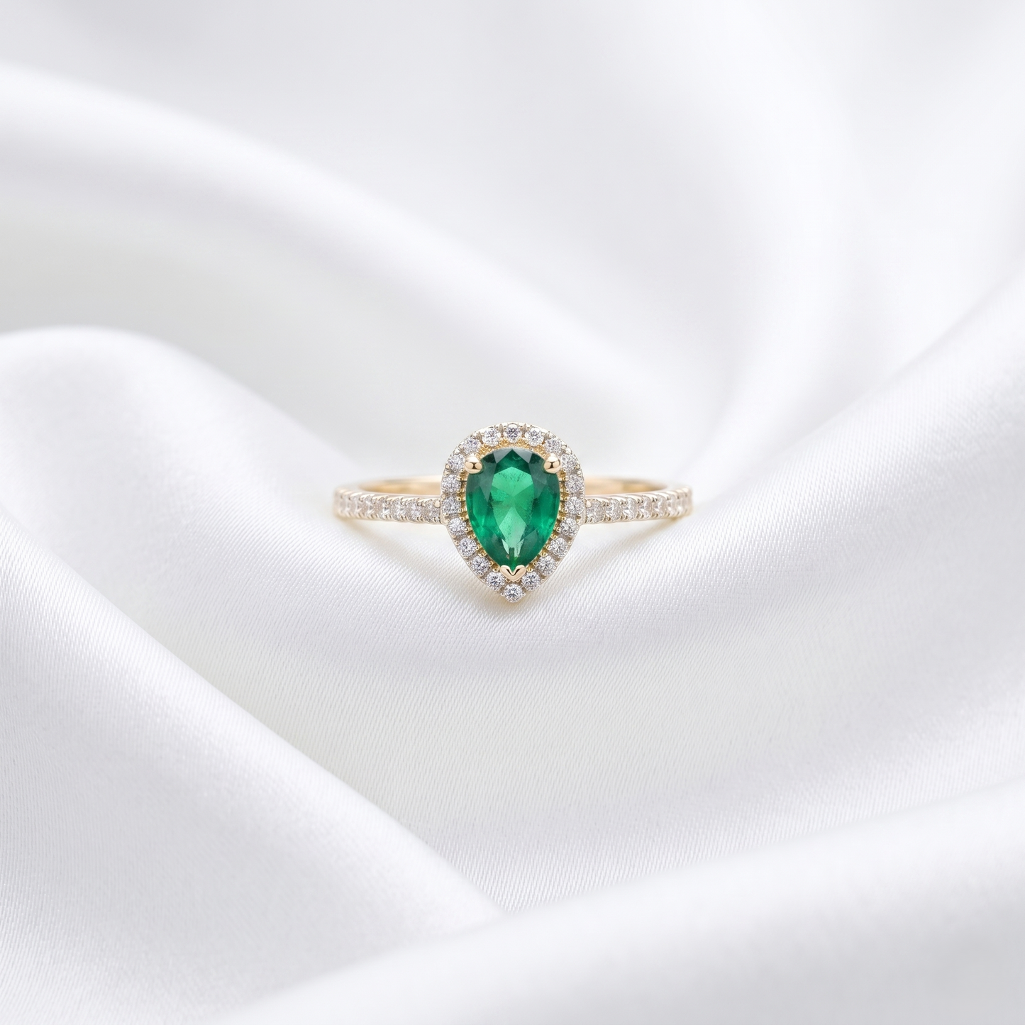 Pear Cut Emerald Gold Halo Ring