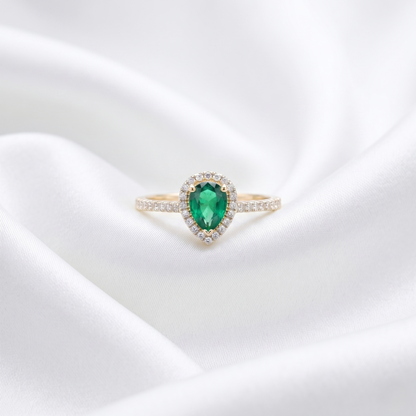 Pear Cut Emerald Gold Halo Ring