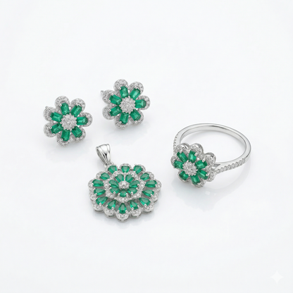 Royal Emerald Floral Silver Jewelry Set