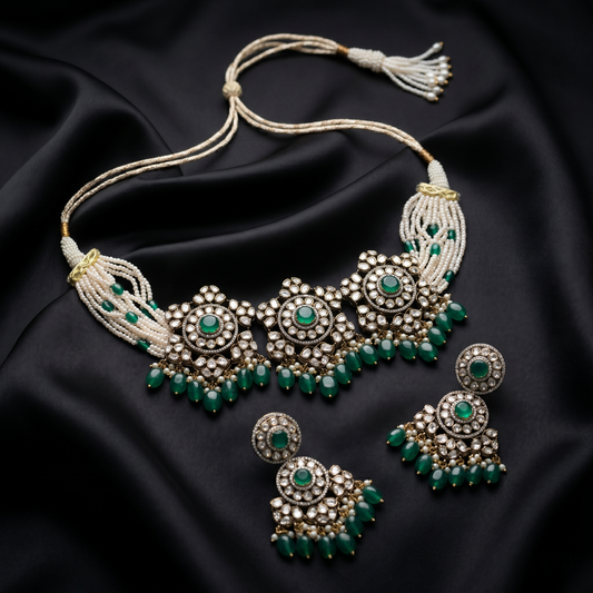 Vintage Silver Emerald Kundan Choker Set