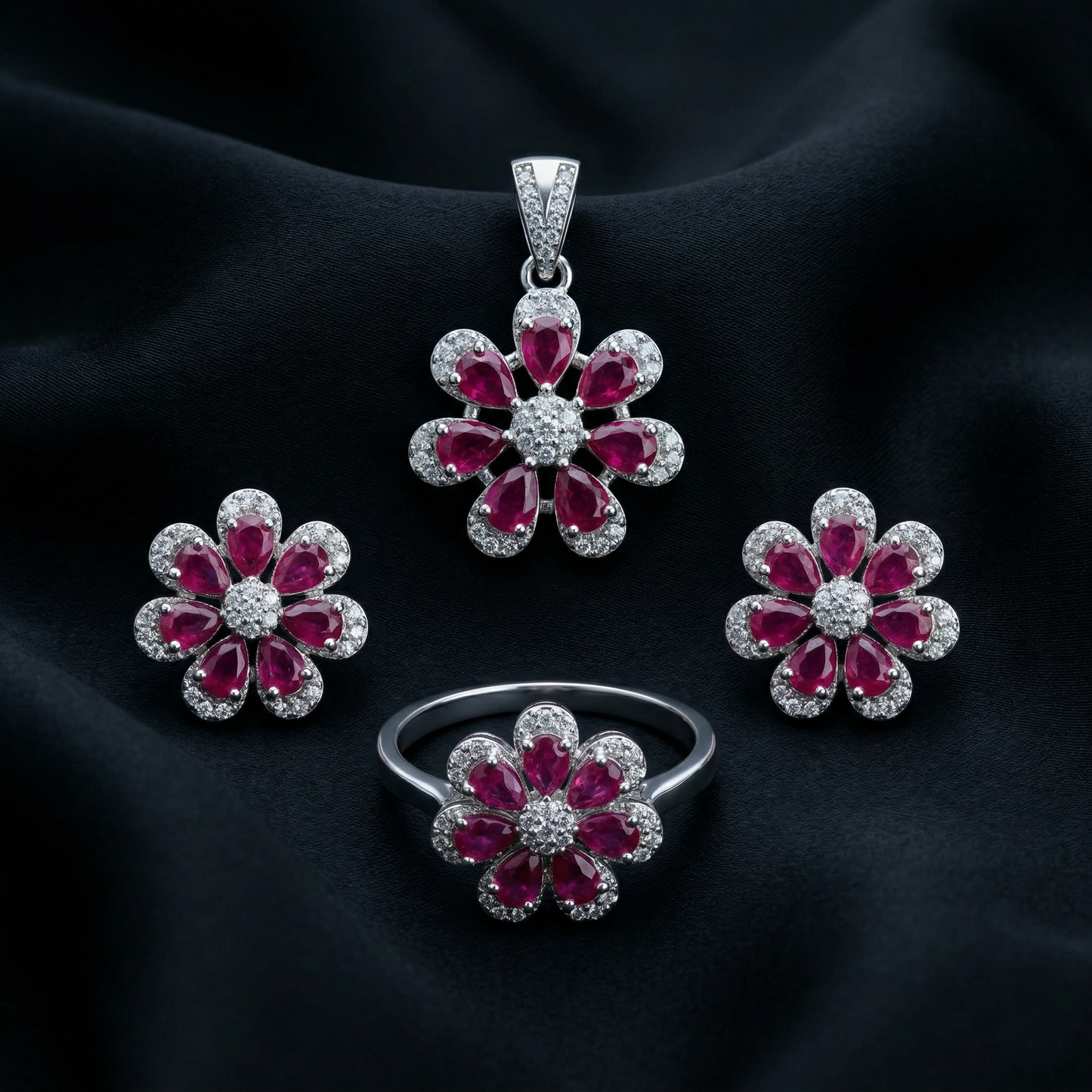 Exquisite Ruby Floral 92.5 Silver Set