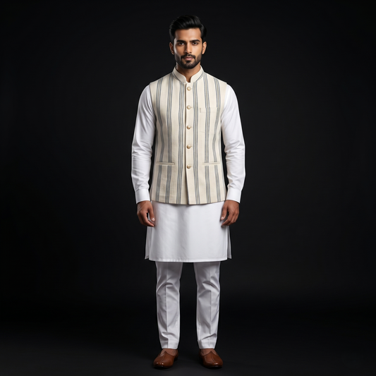 Handloomed Linen Striped Royal Heritage Waistcoat