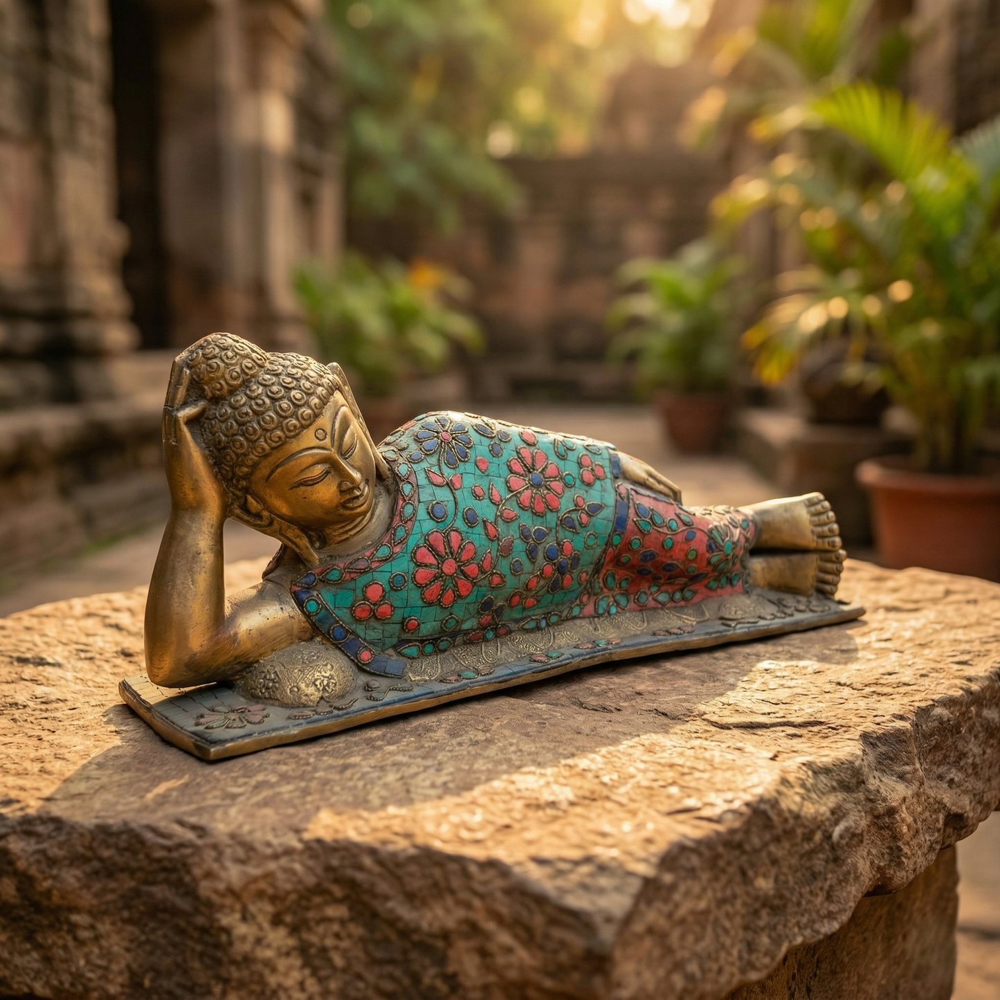 Mosaic Sleeping Buddha Brass Heritage Idol