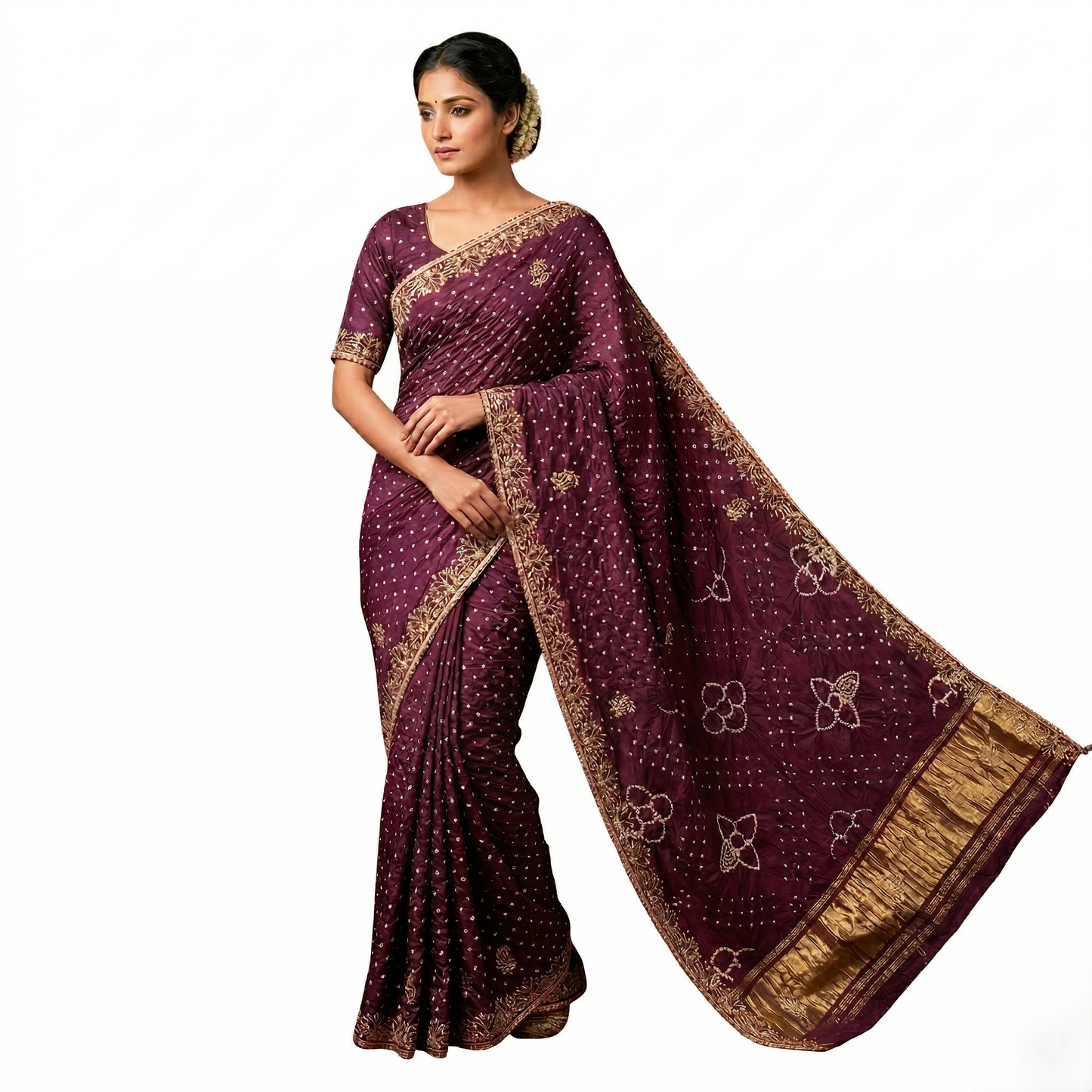 Royal Maroon Bandhani Silk Zari Saree