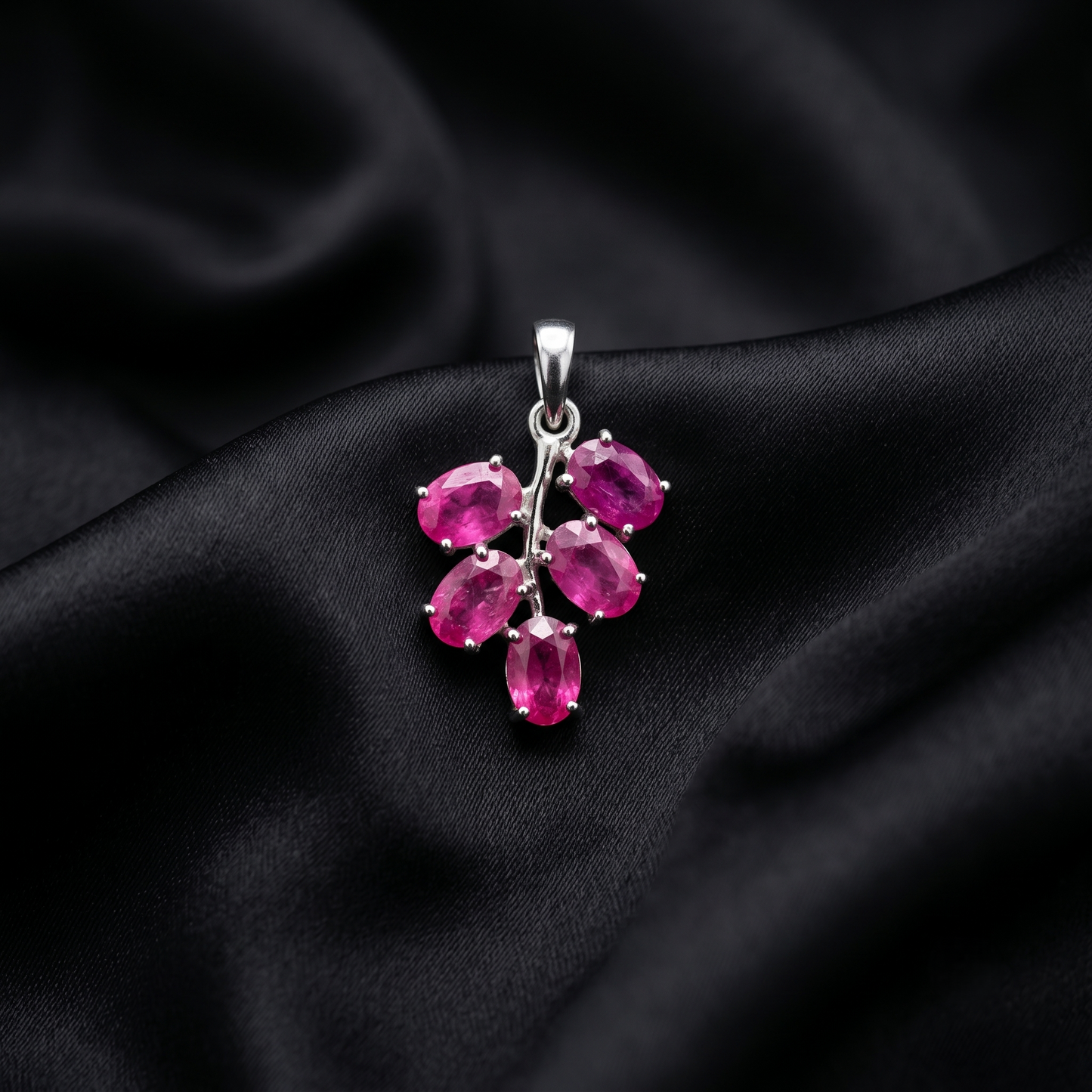 Handcrafted Silver Leafy Ruby Branch Pendant