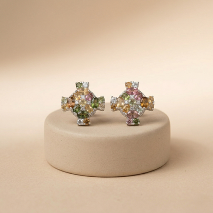 Regal Sterling Multi-Gemstone Diamond Floral Studs