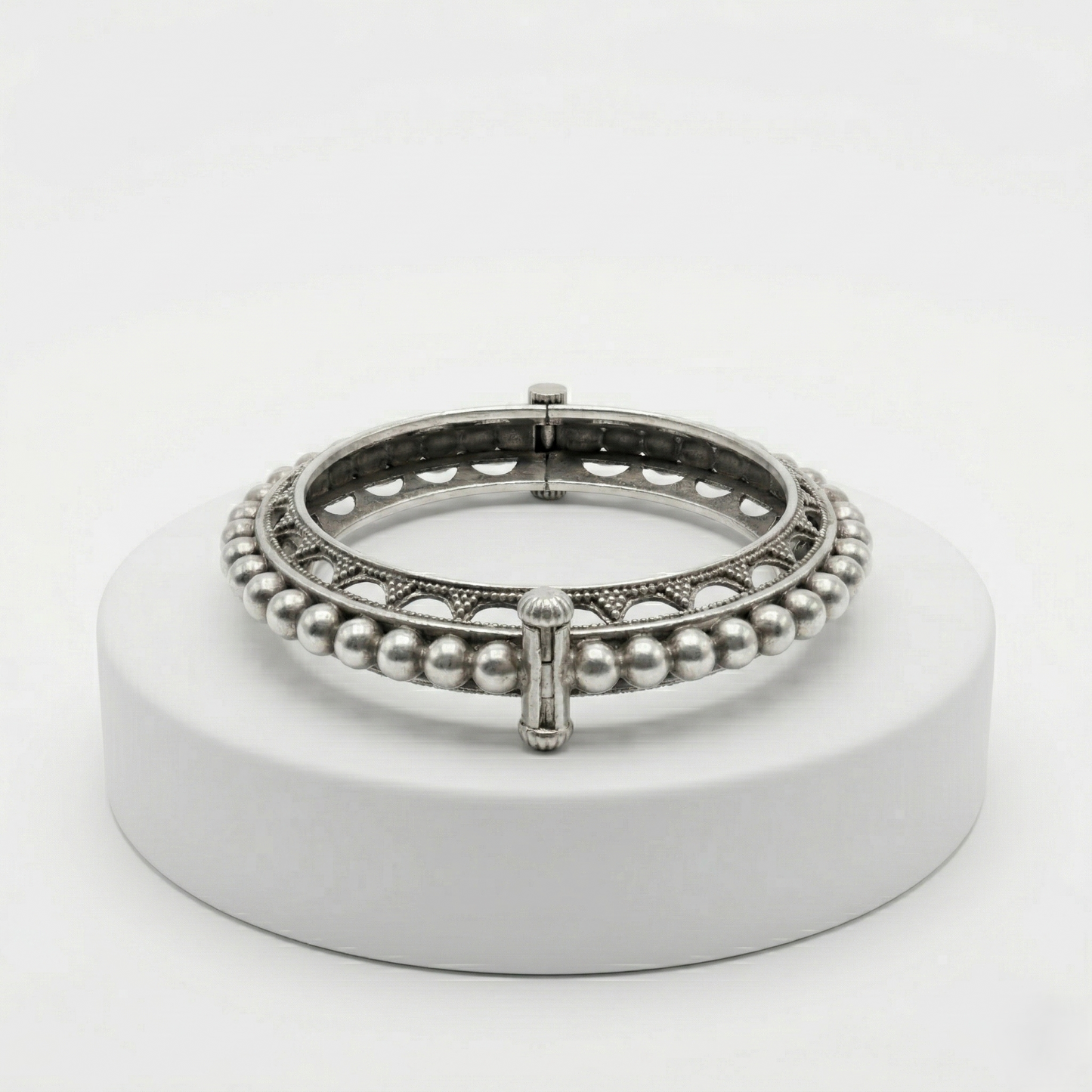 Oxidized Silver Beaded Openable Kada Bracelet