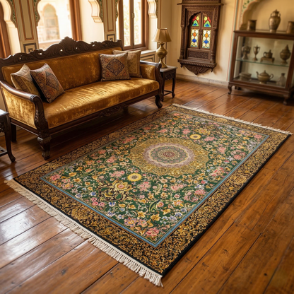 Royal Emerald Persian Floral Silk Rug