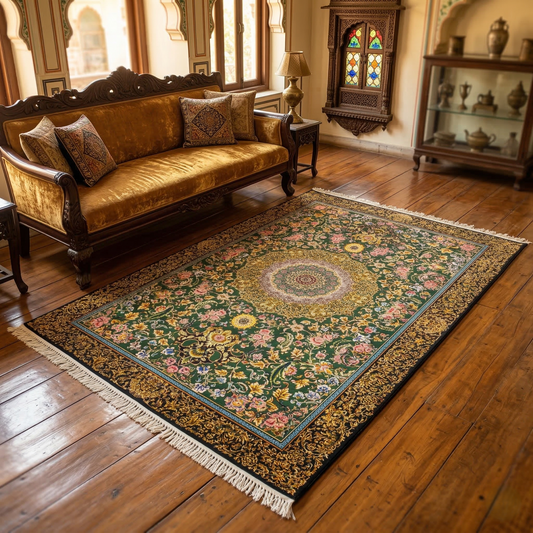 Royal Emerald Persian Floral Silk Rug