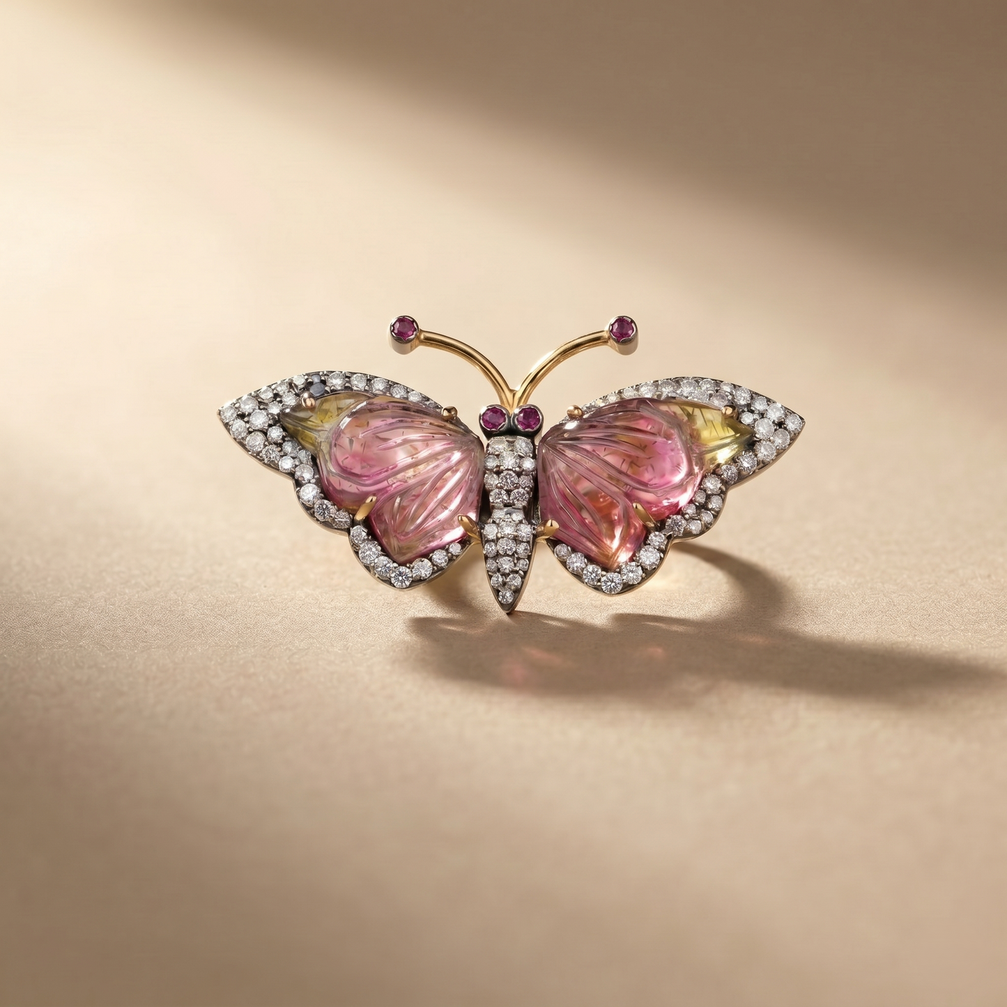 Luxury Butterfly Carved Tourmaline Gold Ring