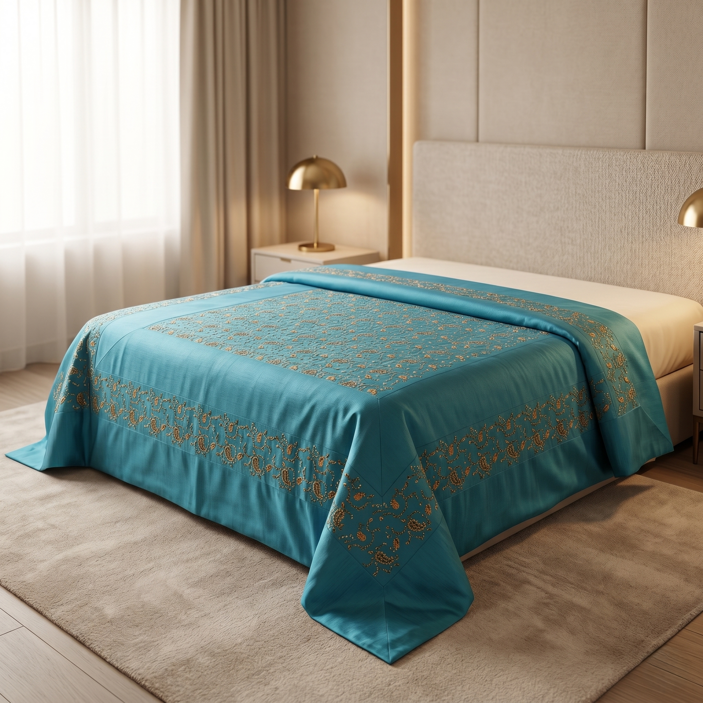 Royal Teal Silk Gold Embroidered Bedcover