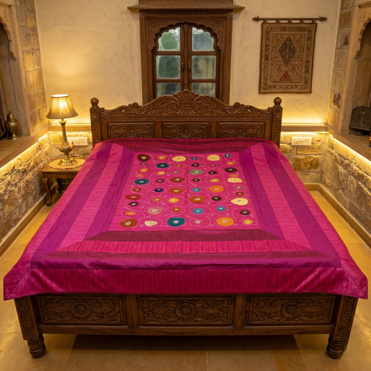 Artisanal Embroidered Magenta Silk Luxury Bedcover