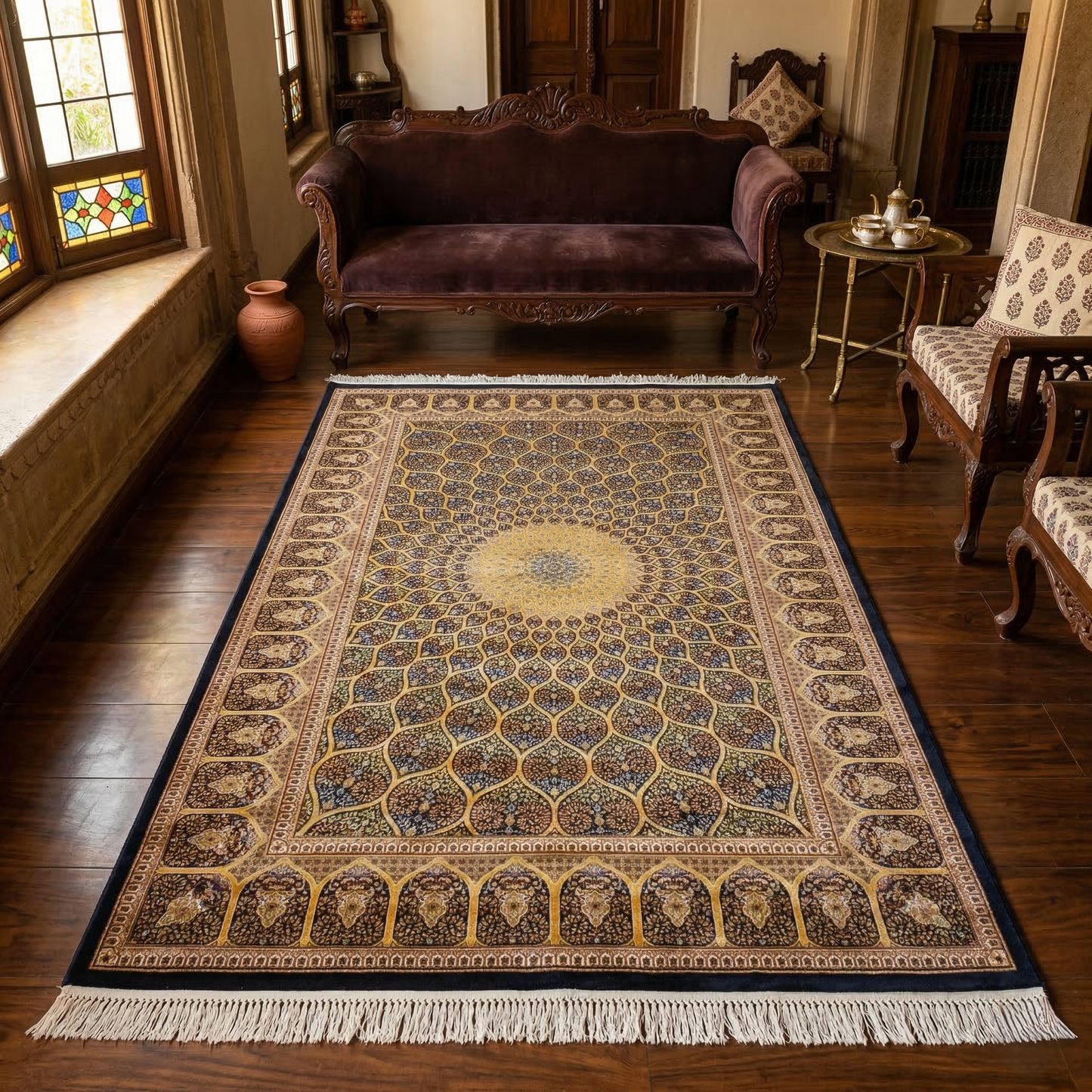 Persian Medallion Intricate Gold Silk Rug
