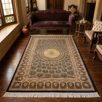 Persian Medallion Intricate Gold Silk Rug