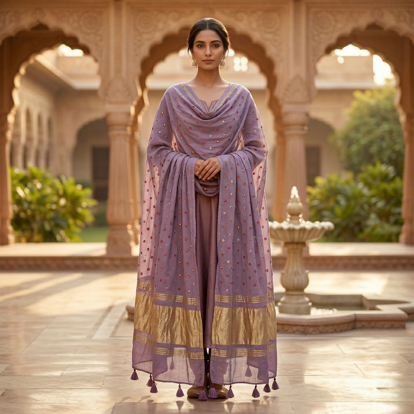 Mauve Chanderi Dupatta with Gold Borders