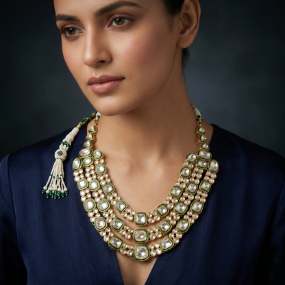 Triple-Layer Kundan Green Enamel Silver Necklace