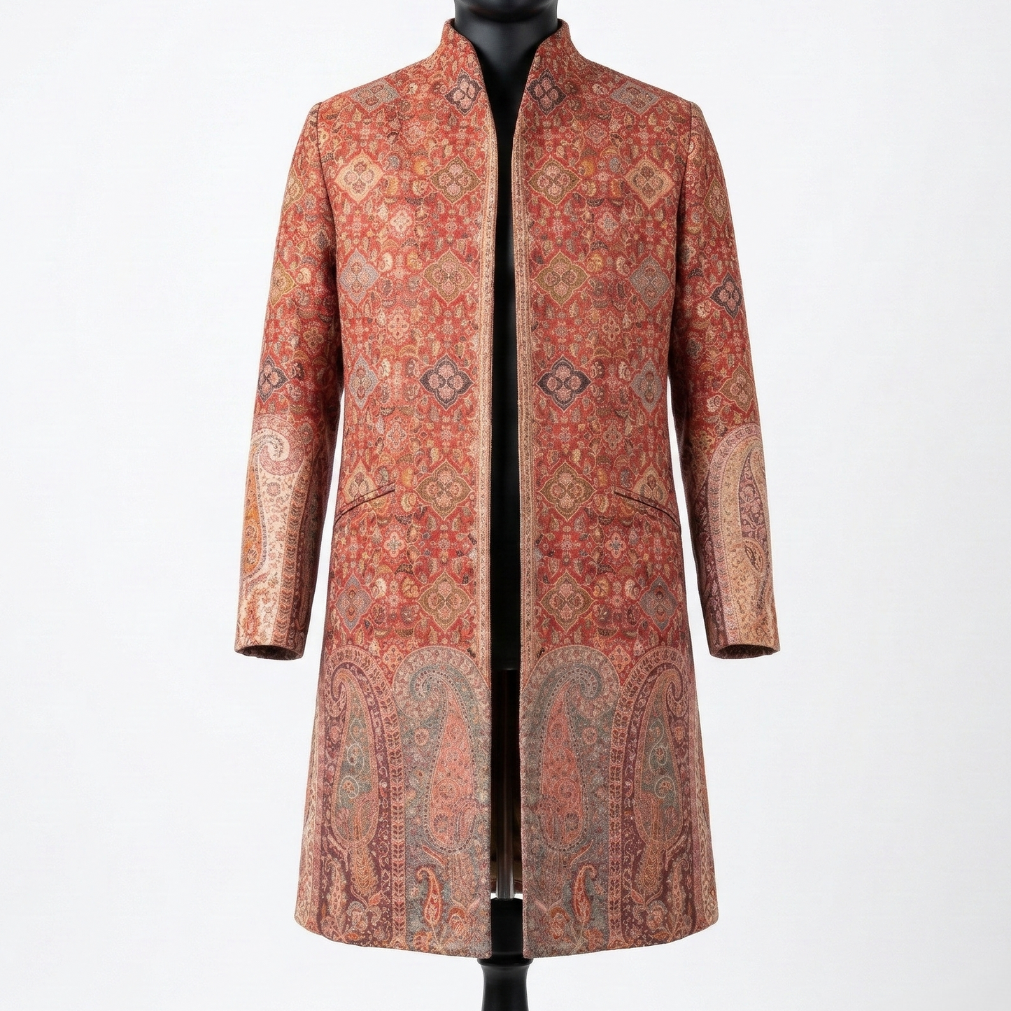 Ornate Crimson Tapestry Stand Collar Long Coat