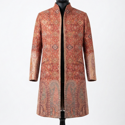 Ornate Crimson Tapestry Stand Collar Long Coat