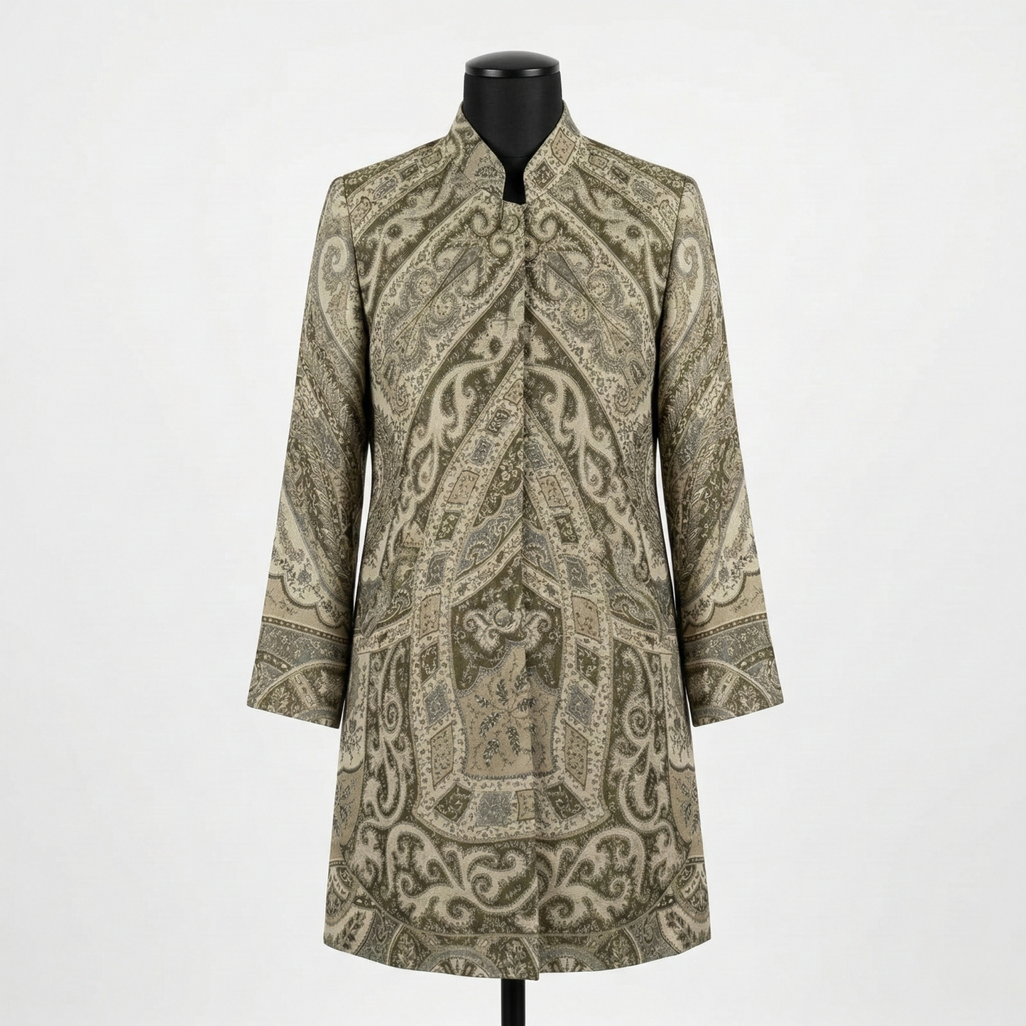 Elegant Sage Paisley Mandarin Collar Tunic Long Coat