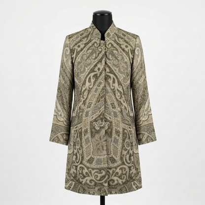 Elegant Sage Paisley Mandarin Collar Tunic Long Coat