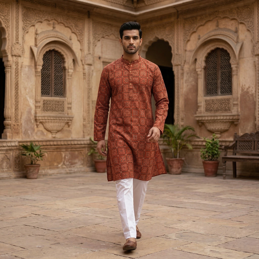 Earthy Ajrakh Print Men’s Silk Kurta