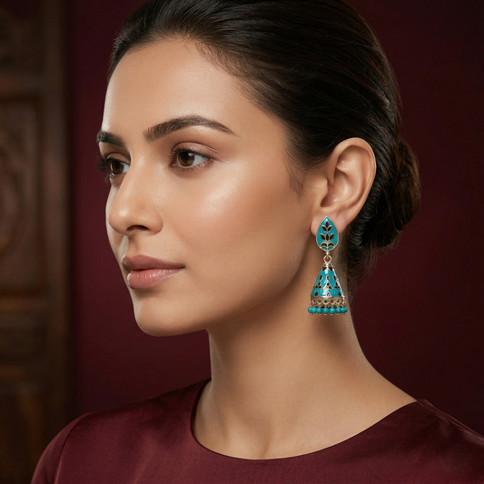 Teal Enamel Silver Floral Jhumka Earrings