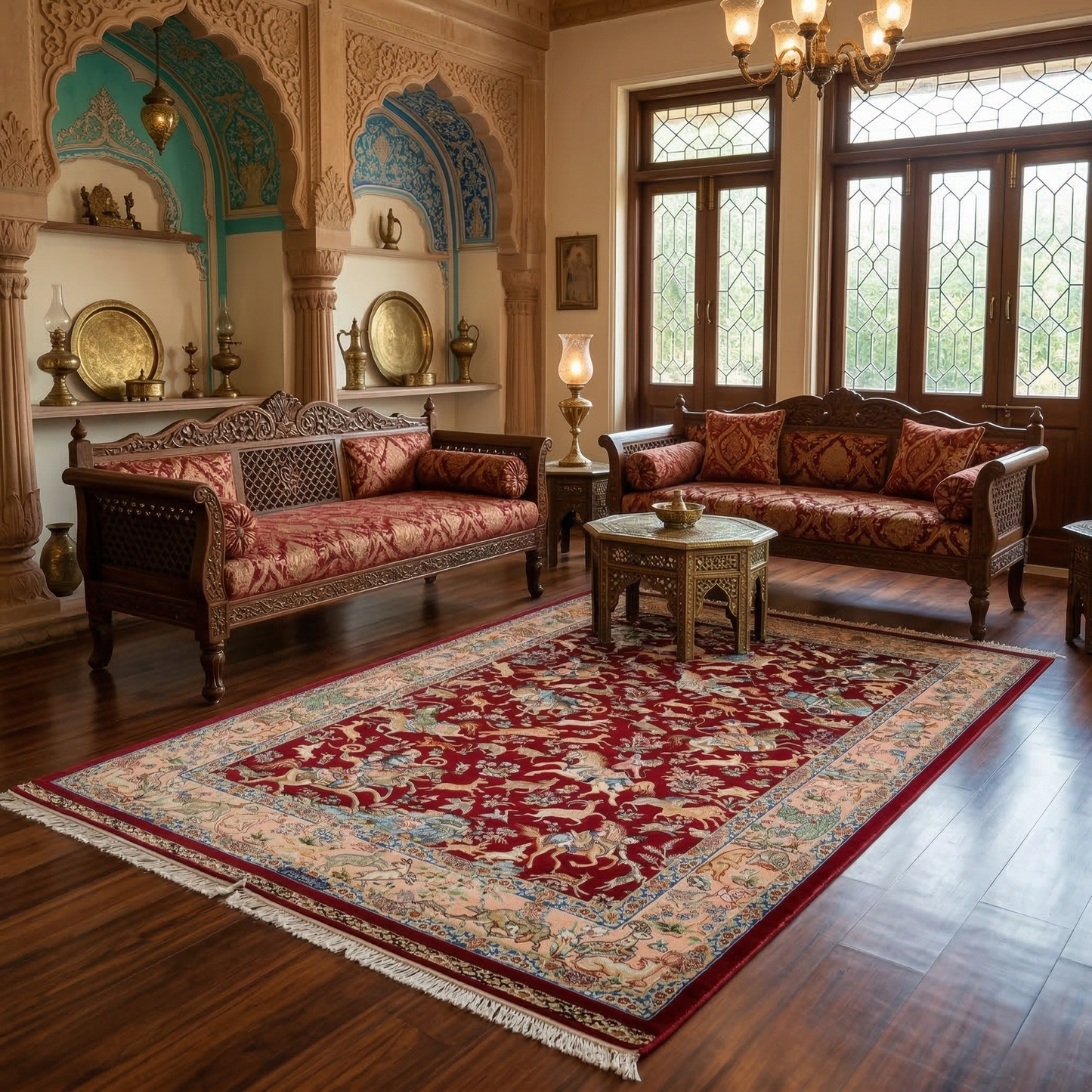 Royal Mughal Hunt Silk Area Rug